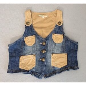 The Thesis Womens Large Denim Vest With Button Front & Pockets, Khaki & Denim
